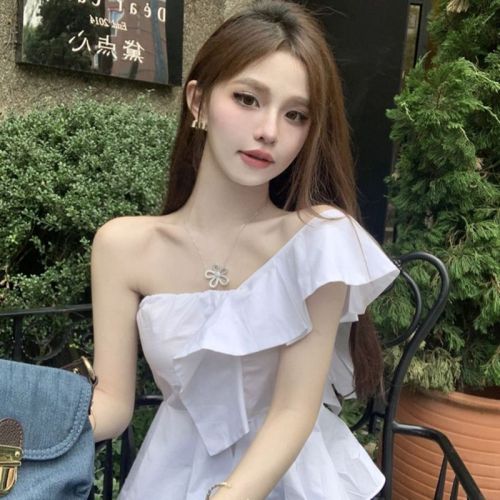 Designed one-shoulder temperament clavicle top women's summer irregular oblique one-shoulder ruffled waist shirt vest