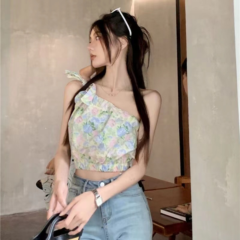 Women's clothing design sense strapped short waist pleated retro temperament hot girl print slant collar off-shoulder vest for women summer