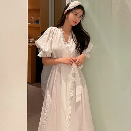 Original sweet fungus-edged palace-style puff-sleeved nightgown with hair tie