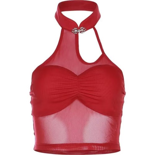 Women's mesh see-through small hollow halter top