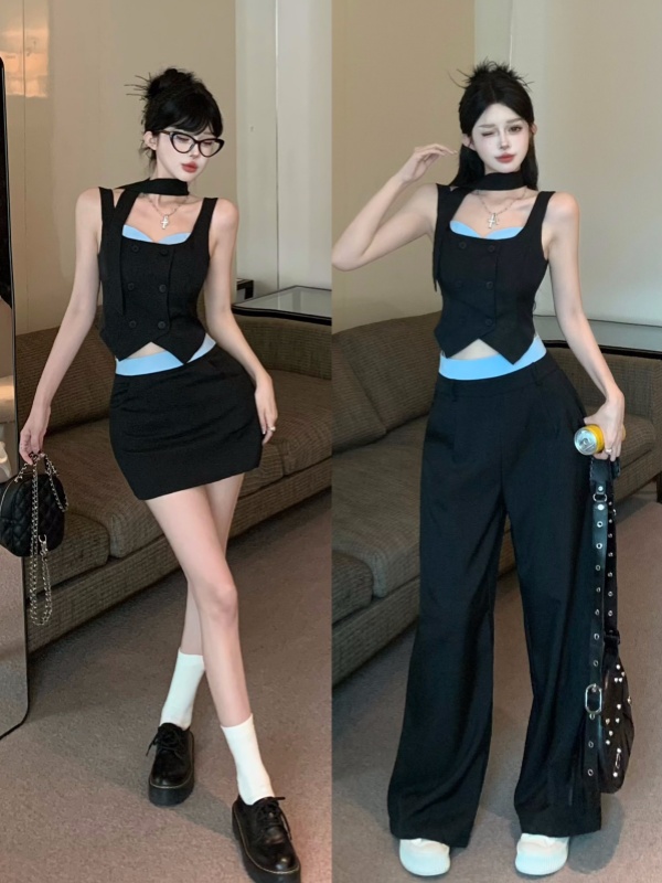 Item: New Three-Piece Set - Camisole Vest Top + Short Skirt + Casual Long Pants for May Day Outing - Photographic Quality