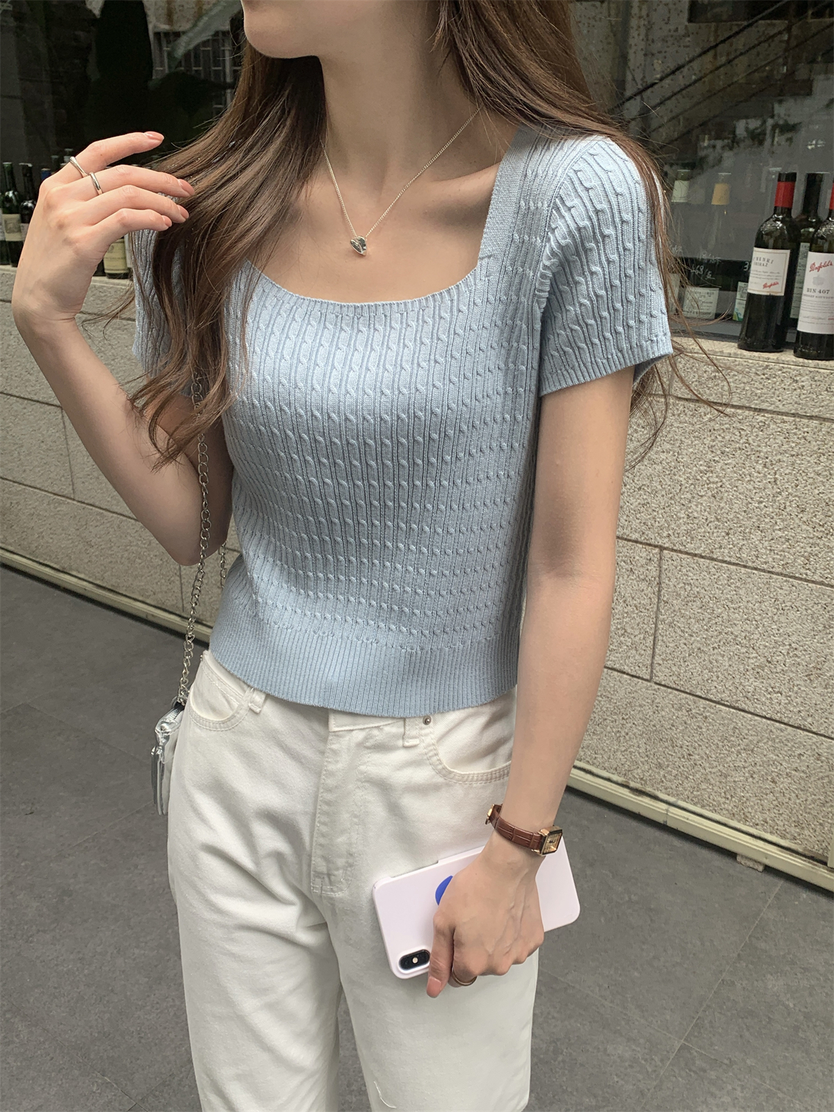 實拍 夏季韓版方領氣質麻花純色百搭安迪絨短款針織短袖上衣