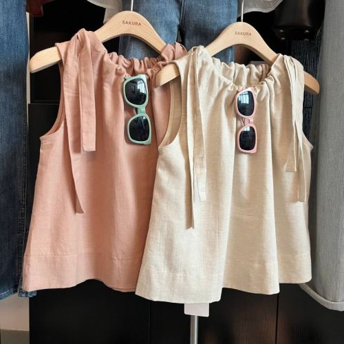 Korean style loose and versatile solid color drawstring sleeveless vest for women in summer, thin style, slim and chic, trendy tops