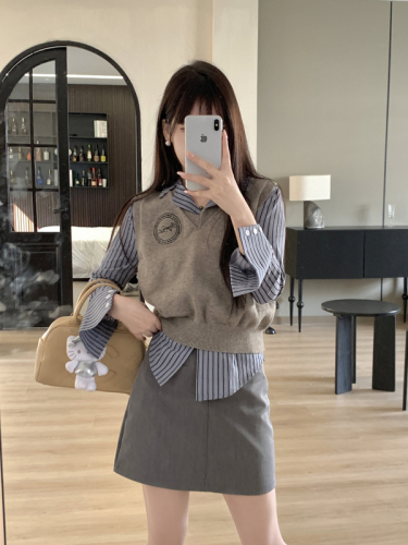 Women's Sweater Vest Long Sleeve Shirt Skirt Three Piece Suit