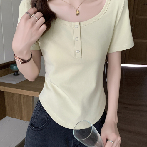 Summer plus size women's new Korean style soft and waxy top with button design