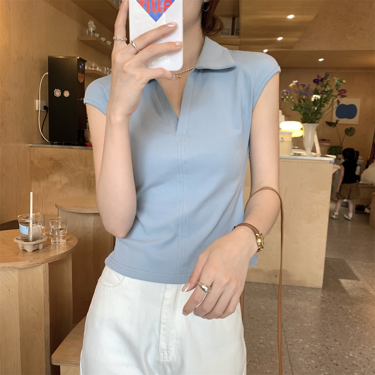 實拍 夏季韓版氣質polo領落肩顯瘦魚骨設計感純棉短袖上衣T恤