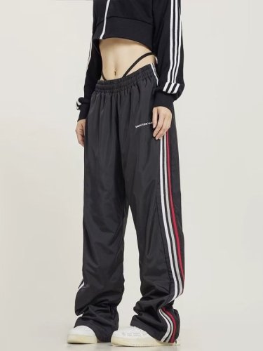 Sports pants for women in spring and autumn, letter embroidered side stripes, loose drape, straight, small, casual wide-leg pants