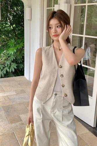 Actual shot of 2024 summer clothing new old money style retro linen cotton casual all-match suit vest vest women's top trendy