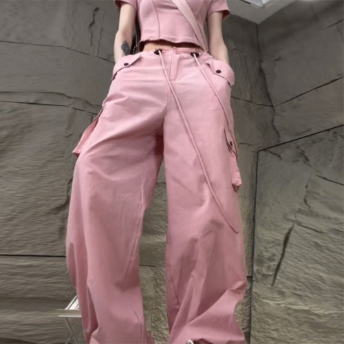 Internet celebrity street trend suit 2024 summer POLO collar short top drawstring overalls two-piece set