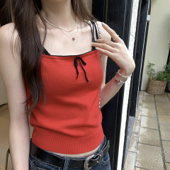 Actual pictures of dopamine Thai bow decorated small suspenders women's new summer style outer wear and inner bottoming tops