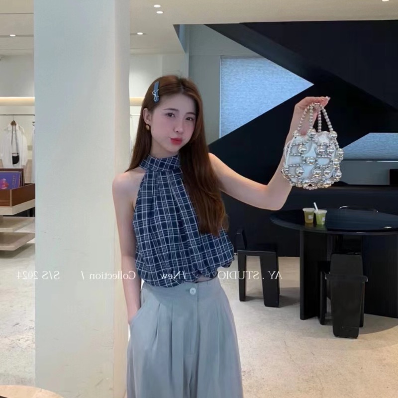 Summer new retro contrasting plaid design sexy off-shoulder halterneck short high-waisted sleeveless top women's vest