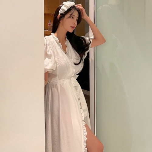 Original sweet fungus-edged palace-style puff-sleeved nightgown with hair tie