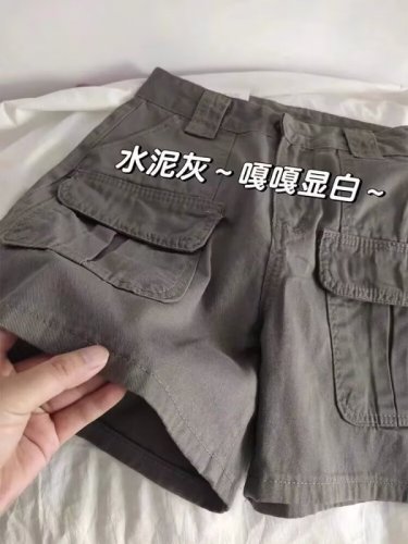 美式复古水泥灰工装短裤女夏季高街设计感高腰阔腿休闲牛仔短裤女