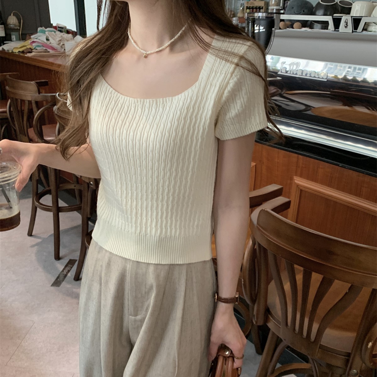 實拍 夏季韓版ins方領氣質麻花純色安迪絨短款針織短袖上衣女