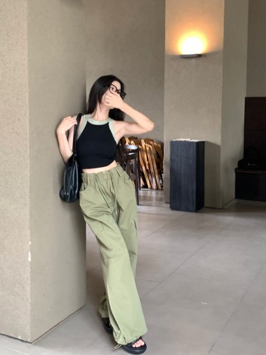 Actual shot of slim-fitting short vest for women + American high street overalls drawstring high waist slimming wide leg casual pants