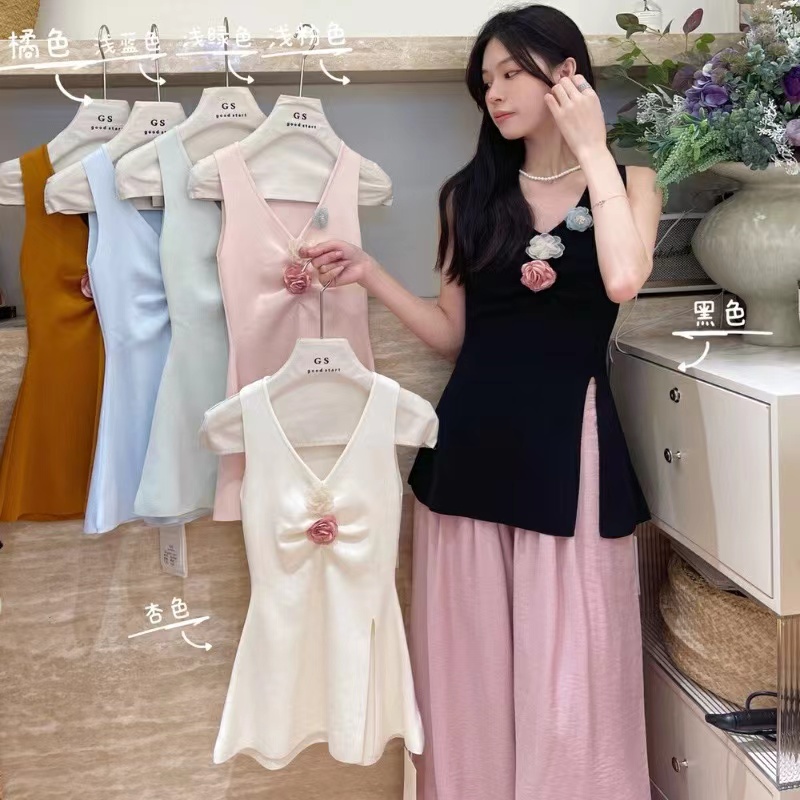 V-neck three-dimensional flower sleeveless vest for women's outer wear 2024 summer new style waist slit mid-length top