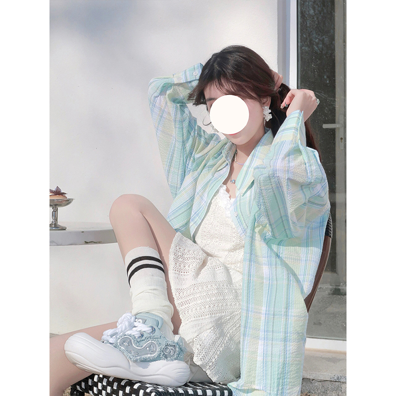慵懶設計感韓系格子襯衫寬鬆長袖上衣薄荷曼波風穿搭長袖防曬外套