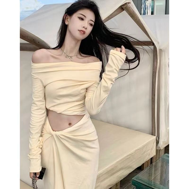 御姐輕熟風套裝女春秋設計感一字肩長袖上衣包臀魚尾中長裙兩件套
