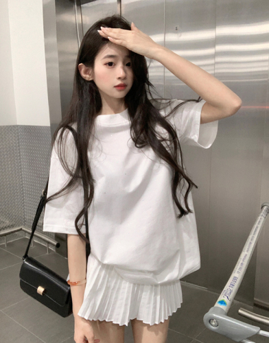 Actual shot of 220g pure cotton short-sleeved T-shirt summer shoulder starry print mid-length round neck top Korean style women's clothing