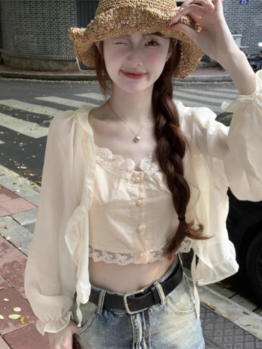 White chiffon outer cardigan summer women's new thin blouse with suspender skirt coat shawl top