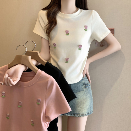 Summer plus size women's new style three-dimensional beautiful small flower pastoral tulip short sleeves