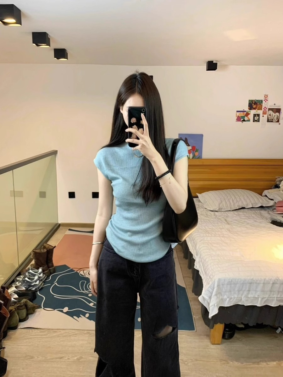 Summer round neck waist hot girl blue tank top t-shirt female slimming slim light gentle style pure desire short-sleeved top