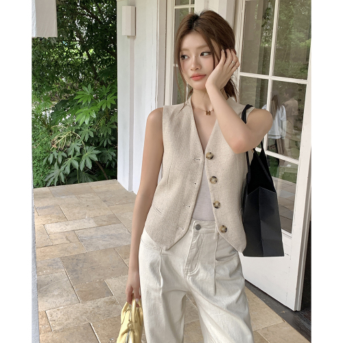 Actual shot of 2024 summer clothing new old money style retro linen cotton casual all-match suit vest vest women's top trendy