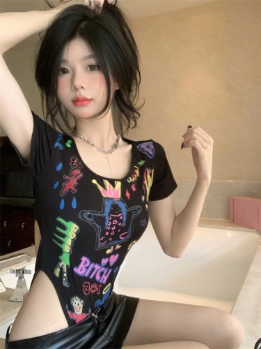 Actual shot of new design cartoon graffiti sexy short-sleeved waist jumpsuit with chest pad