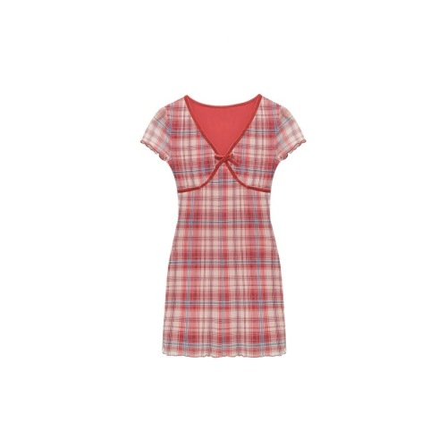 DREAM SEVEN77 Red Plaid Mesh Knitted Dress Women's 2024 Summer New Cardigan Two-piece Set