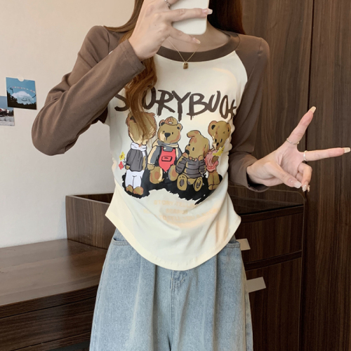 Plus size women's autumn new style cartoon bear print contrast color age-reducing long-sleeved top