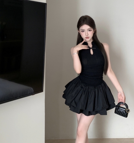 Actual shot of new Chinese style black sleeveless short skirt dress