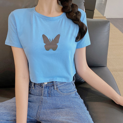 Plus size women's new summer short-sleeved short style fat girl looks slim and fat mm butterfly T-shirt