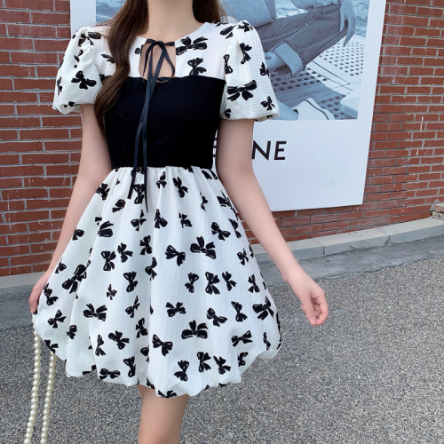 Plus size women's new summer style contrasting color stitching printed bow waist dress