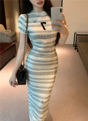 Real shot of round neck striped knitted dress for women, summer style mid-length skirt