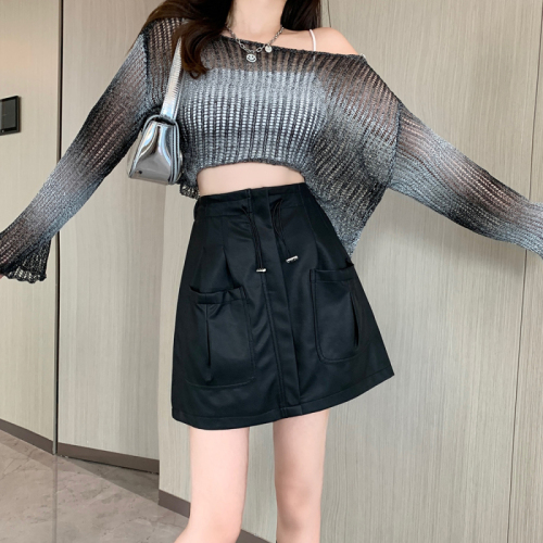 Plus size women's autumn new slimming Hong Kong style half-length temperament high waist hip small leather skirt