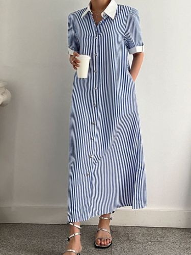 Simple and fashionable Korean Dongdaemun short-sleeved striped long skirt spliced ​​loose shirt skirt Korean style dress