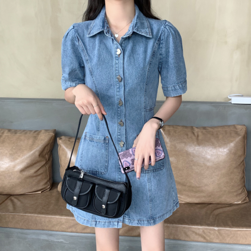 Actual shot and real price  new style hollow back elastic waist sexy denim dress design retro shirt dress