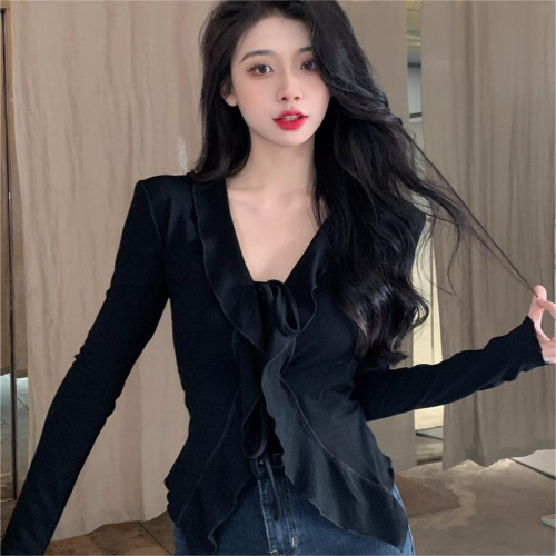 New style irregular fungus solid color long-sleeved women's bottoming T-shirt women's slim design top