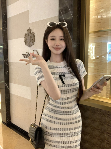 Real shot of round neck striped knitted dress for women, summer style mid-length skirt