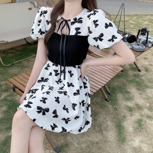 Plus size women's new summer style contrasting color stitching printed bow waist dress