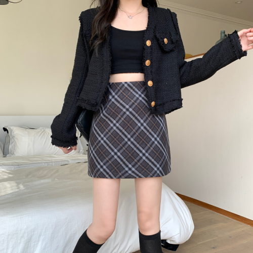 Plus size women's new autumn style Japanese retro plaid college style woolen high waist hip skirt