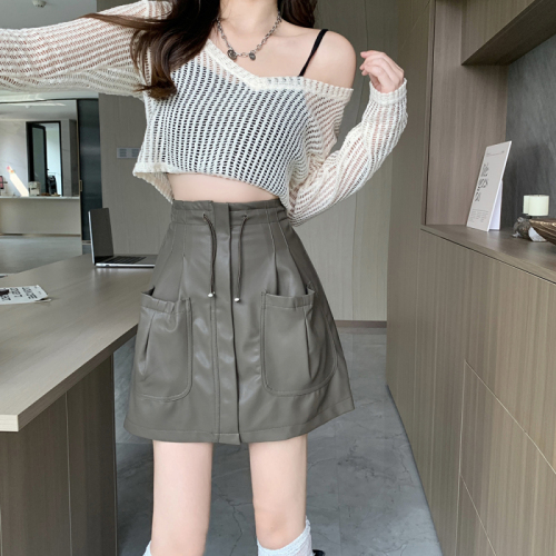 Plus size women's autumn new slimming Hong Kong style half-length temperament high waist hip small leather skirt