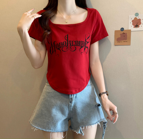 Plus size women's new style fat girl hot girl style curved hem letter lace light mature short sleeves