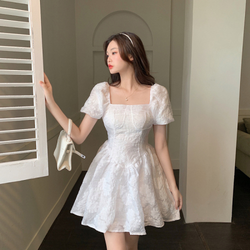 Plus size women's spring and summer new style elegant public French square neck puff sleeve slim dress