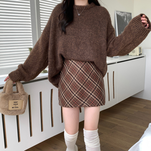 Plus size women's new autumn style Japanese retro plaid college style woolen high waist hip skirt