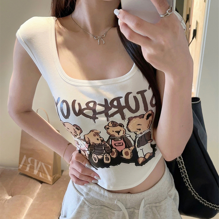 1206-Hot Girl Cartoon Printed Vest Women's Summer Pure Desire Slim Backless Short Top with Breast Pads