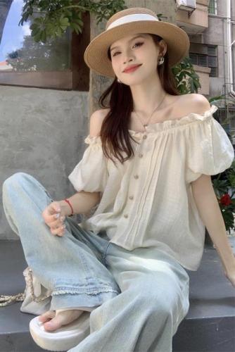 Actual shot 2024 new one-line collar solid color single-breasted lantern sleeve short-sleeved cardigan top women's chiffon shirt