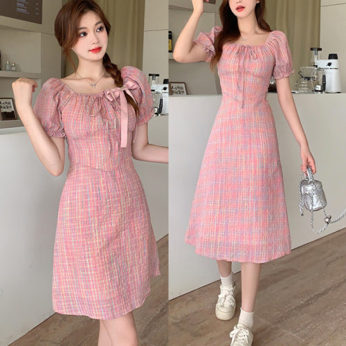 Plus size women's new style fat girl goods pink peach blossom gentle rose square collar floral dress