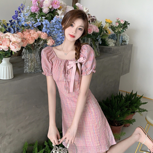 Plus size women's new style fat girl goods pink peach blossom gentle rose square collar floral dress