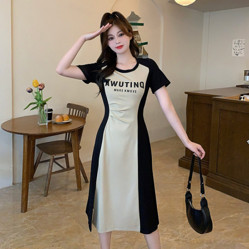 Plus size women's new style fat girl casual French lazy style age-reducing waist slimming mid-length dress